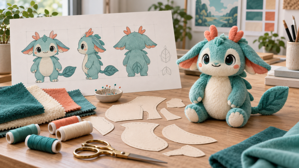 Concept illustration of character drawings, fabric swatches and a matching custom plush prototype